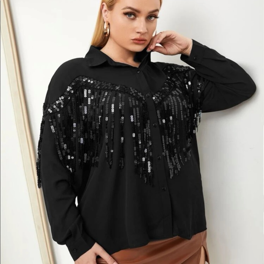 NWOT sequin black fringe button up